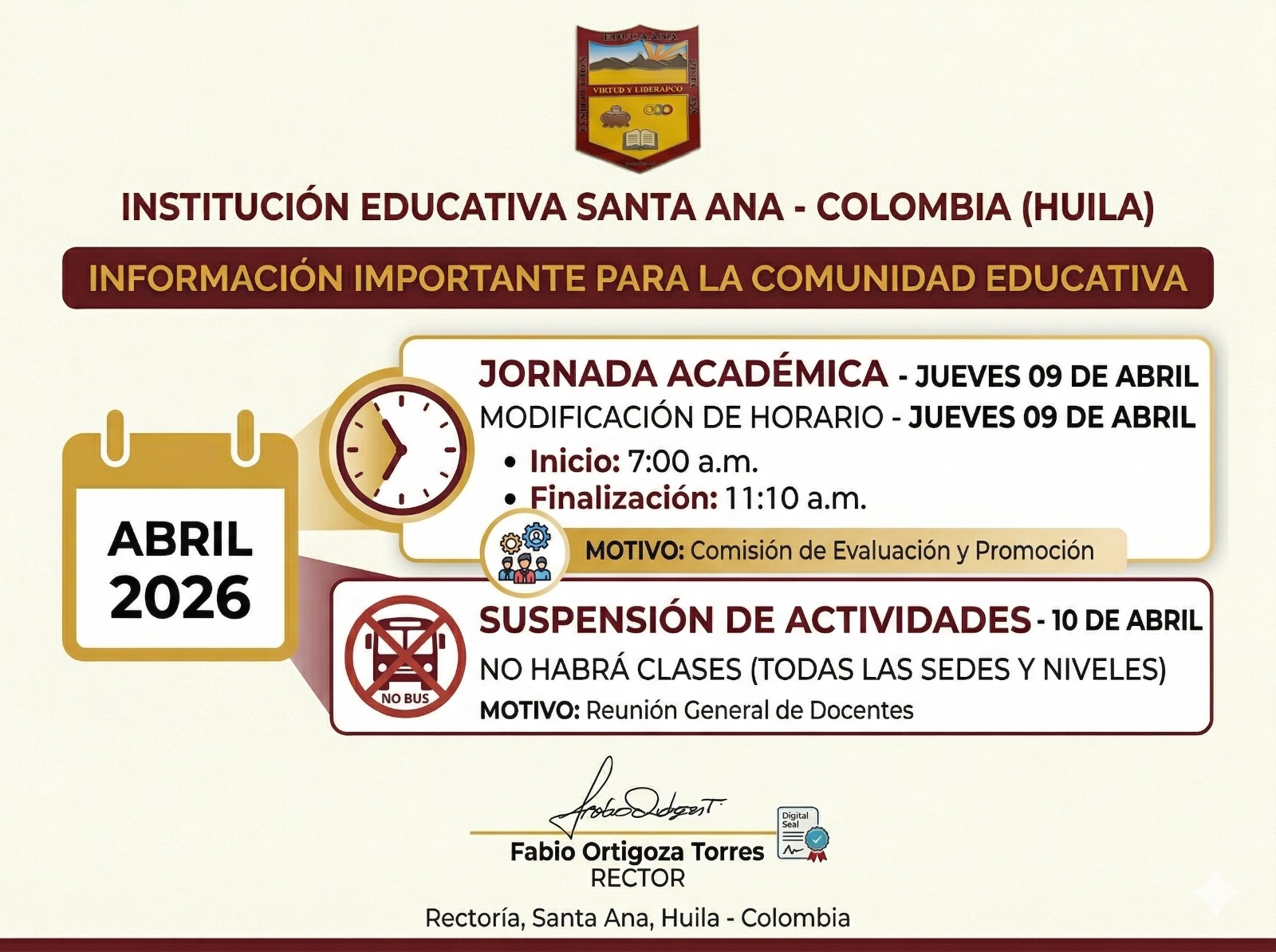 ¡Atención! Modificación de Horario - Jueves 9 de Abril.